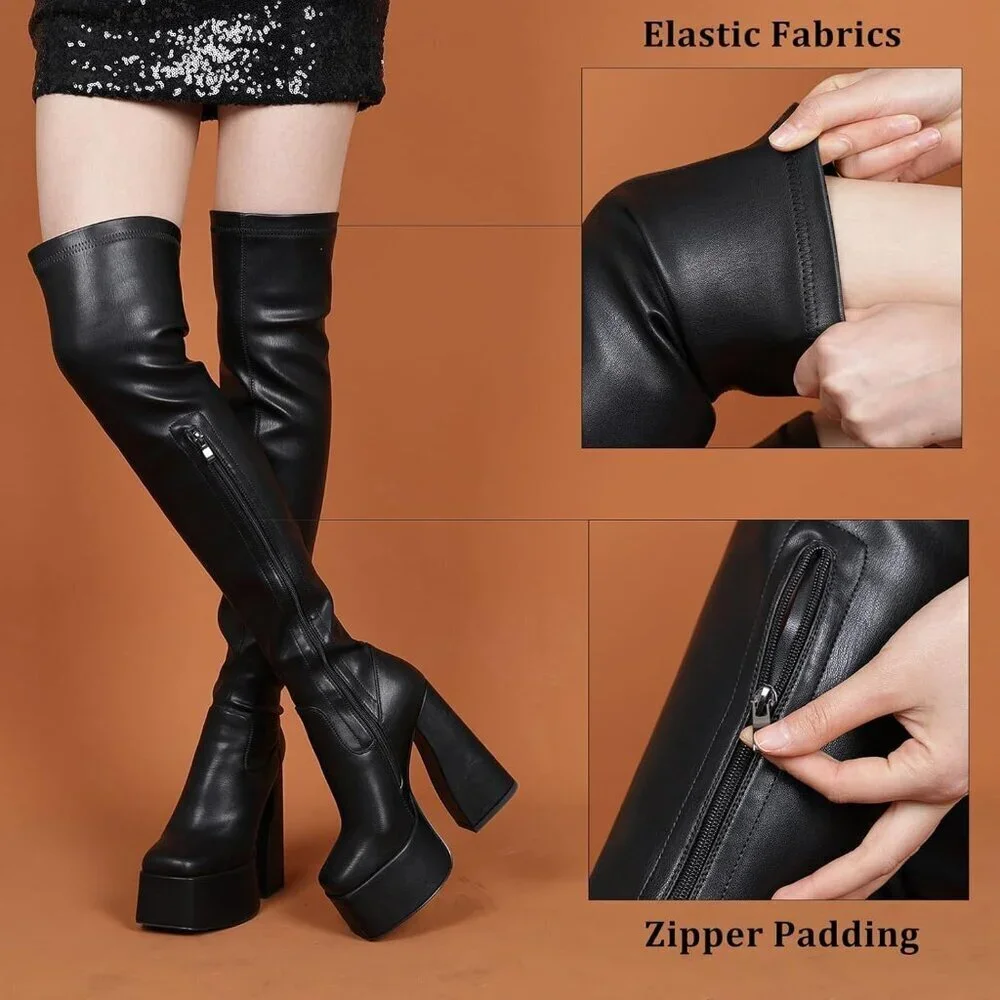 Women Black Synthetic Thigh High Boots Chunky Block Heels Over The Knee Boots